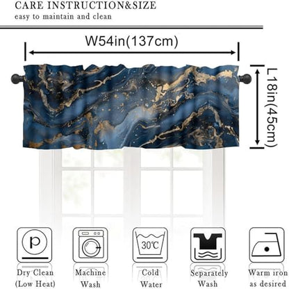 Navy Blue Marble Valance, Luxury Abstract Dark Blue Golden Veins Texture Blackout Short Window Drape Treatment for Kitchen Cafe Bedroom Living Room, 54x18inch - color: Marble-18