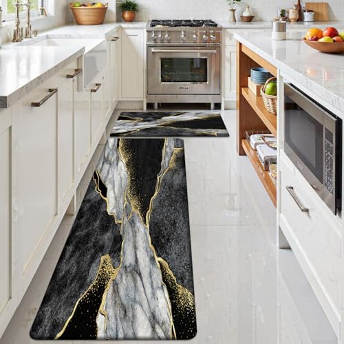 Kitchen Mats Set of 2, Cushioned Anti Fatigue Non Slip Waterproof Runner, Black Gray Marble and Golden Pattern, PVC Memory Foam for Kitchen Sink and Laundry - color: Black Marble 3