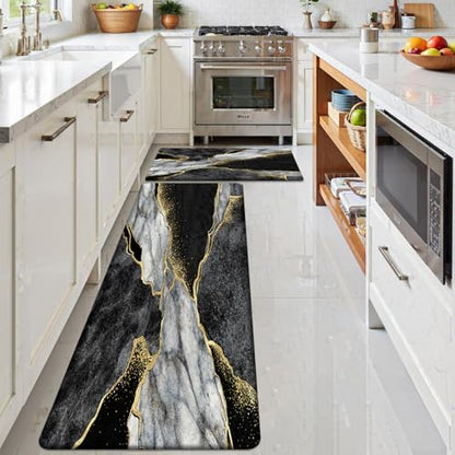 Kitchen Mats Set of 2, Cushioned Anti Fatigue Non Slip Waterproof Runner, Black Gray Marble and Golden Pattern, PVC Memory Foam for Kitchen Sink and Laundry - color: Black Marble 3