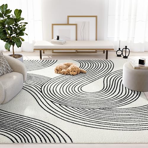 Abani Cream and Black Swirl Area Rug | 4" x 6" Beige Carpet with Wave Pattern | Modern Rug for Living Room, Bedroom and Office | Nuevo Collection - color: Cream, size: 4' x 6' (Rectangular)