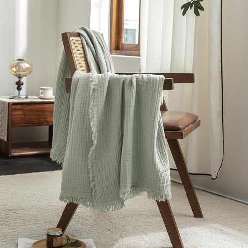 FOSSA Muslin Blanket 4-Layer 100% Cotton Gauze Blanket with Fringe 50"x70" - color: Sage Green, size: Throw XL (50" × 70")