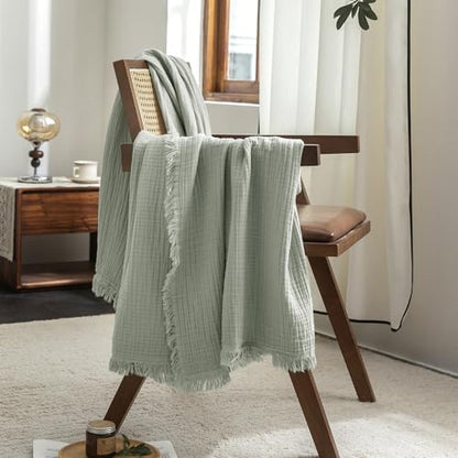 FOSSA Muslin Blanket 4-Layer 100% Cotton Gauze Blanket with Fringe 66"x90" - color: Sage Green, size: Twin XL (66" × 90")