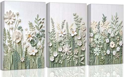 JASMIE 3 Pcs Sage Green Wildflowers Canvas Wall Art - color: green-Canvas, size: 16L" x 12W"
