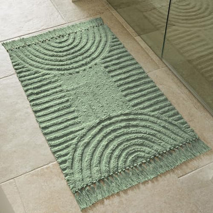 Beautiful Boho Rug with Tassels for Bathroom - Soft 2x3 ft Cotton - color: Sage Green, size: 2' x 3' (Rectangular)