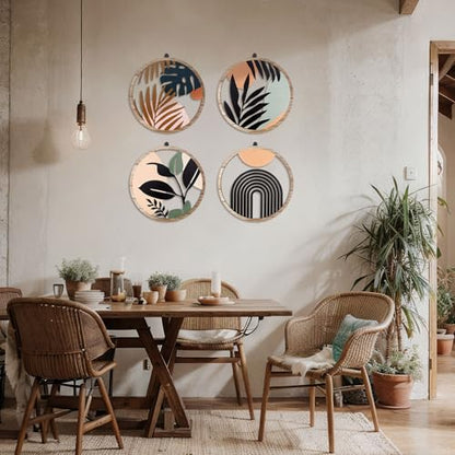 Qunclay 4 Pcs Boho Wall Art Bohemian Wood Round Circle Wall Decor Elegant - style: Elegant