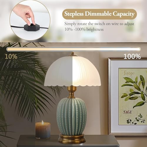 Ceramic Table Lamp Dimmable for Living Room, 16" Modern Vintage Bedside Nightstand Lamps with White Glass Shade,Classic Chinoiserie Retro Bedroom Lamp for Night Stands, Dorm,Office, Home Decor - color: Green Pineapple
