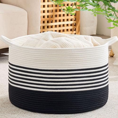 KAKAMAY Large Blanket Basket with Handles, Storage Basket for Living Room - color: Black Stripe