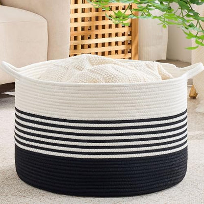 KAKAMAY Large Blanket Basket with Handles, Storage Basket for Living Room - color: Black Stripe