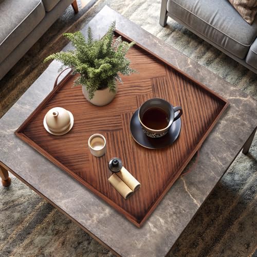 SXNOWS Wooden Serving Tray with Leather Handles, 24x24 in - size: 24" x 24" x 1.6"