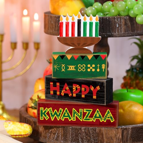 Yuntau 4 Pcs Kwanzaa Table Decorations Wood Block Sign Tiered Tray Decor - style: Candlestick