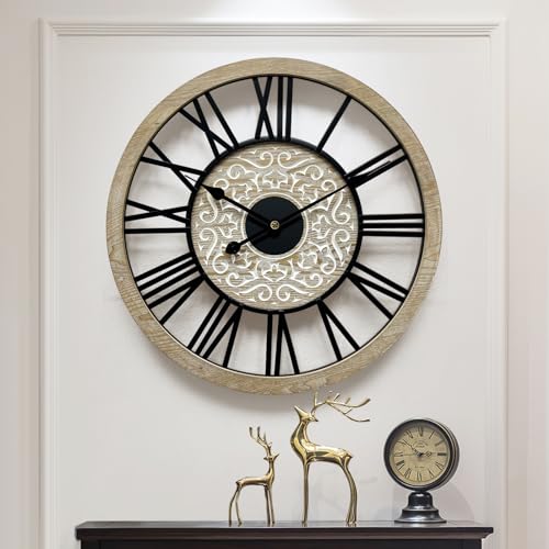 Large Farmhouse Wall Clock for Living Room Decor,24 in Round Carved Wooden Wall Clock,Rustic Silent Non-Ticking Decorative Wall Clocks for Bedroom/Kitchen/Entryway/Office/Dining Room - style: Farmhouse clock 1