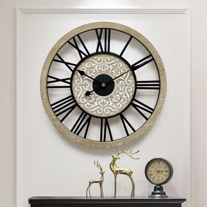 Large Farmhouse Wall Clock for Living Room Decor,24 in Round Carved Wooden Wall Clock,Rustic Silent Non-Ticking Decorative Wall Clocks for Bedroom/Kitchen/Entryway/Office/Dining Room - style: Farmhouse clock 1