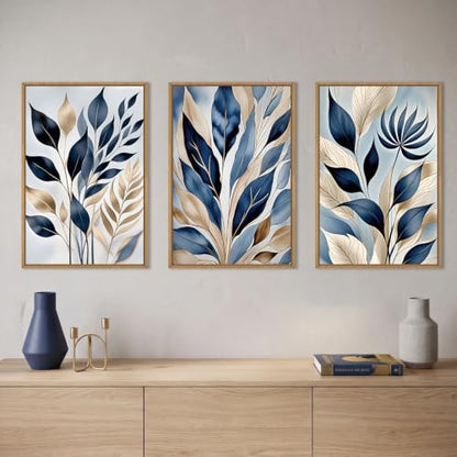 HPNIUB Large Boho Blue Botanical Leaf Framed Wall Art Set -16"x24"x3 - color: Abstract Leaf Wall Art, size: 16"L x 24"W