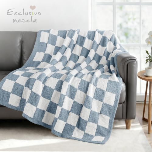 Exclusivo Mezcla Checkered Knit Throw Blanket for Couch, Stone Blue - color: Stone Blue, size: Throw (50"x60")