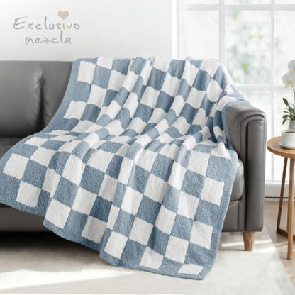 Exclusivo Mezcla Checkered Knit Throw Blanket for Couch, Stone Blue - color: Stone Blue, size: Throw (50"x60")