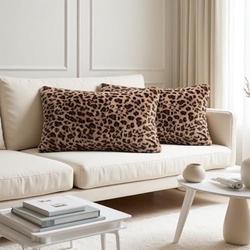 Cheetah Lumbar Pillow Covers 12x20 Inch Set of 2, Soft Faux Fur Double-Sided Rectangular Leopard Pillow Cases for Sofa Living Room, Modern Home Decor - size: 20" x 12" (Pack of 2)