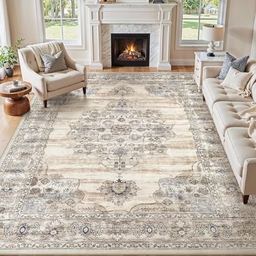 Vintage Washable 8x10 Area Rug, Non-Slip Indoor Carpet, Beige - color: Light Beige, size: 8' x 10' (Rectangular)