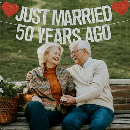 Silver Glitter Just Married 50 Years Ago Banner,NO DIY,Pre-Strung 50th Wedding Anniversary Party Decorations 50 Years Blessed & Loved Garland Sign We Still Do 50th Party Supplies - color: 50silver