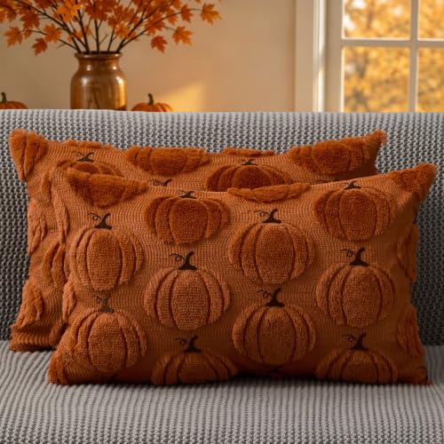 DFXSZ Fall Pillow Covers 12x20 Set of 2 Rust Pumpkin Embroidery - color: Rust, size: 20" x 12" (Pack of 2)