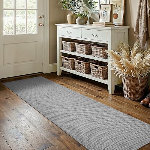 MatEssenz 2'x6' Faux Linen Runner Rug, Washable Woven Textured Long Hallway Carpet, Slip Resistant Gel Backing Indoor Floor Runner for Kitchen Entryway Laundry Room, Grey - color: Grey, size: 2' x 6' (Rectangular)