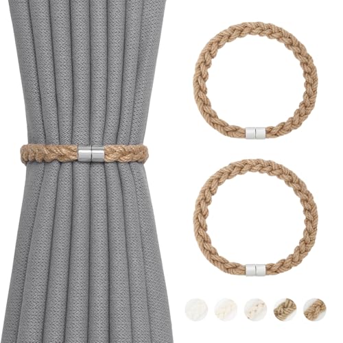 NICEEC 2 Pack Natural Jute Rope Curtain Tiebacks Elegant Boho Style Magnetic Drape Tie Backs Soft Hand-Woven Rope Curtain Holdbacks for Home & Office Drapery (Jute Rope-Thin) - color: Jute Rope-thin, size: 2 Pack