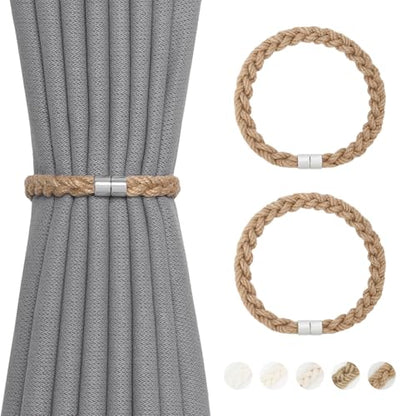 NICEEC 2 Pack Natural Jute Rope Curtain Tiebacks Elegant Boho Style Magnetic Drape Tie Backs Soft Hand-Woven Rope Curtain Holdbacks for Home & Office Drapery (Jute Rope-Thin) - color: Jute Rope-thin, size: 2 Pack