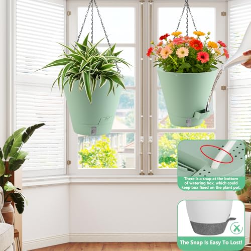 8 Inch Hanging Planters Indoor Outdoor, 3 Pack Plastic Self Watering Plant Pots with Drainage Holes & Saucers, Hanging Baskets Flower Pots with Chain for Ivy, Spider Plant, Pothos, Ferns - color: Green