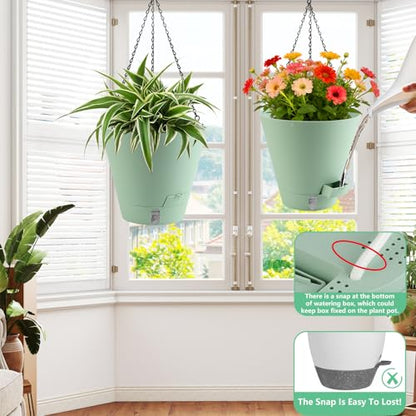 8 Inch Hanging Planters Indoor Outdoor, 3 Pack Plastic Self Watering Plant Pots with Drainage Holes & Saucers, Hanging Baskets Flower Pots with Chain for Ivy, Spider Plant, Pothos, Ferns - color: Green