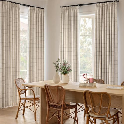THREE GIRLS Plaid Pinch Pleated Curtains - Modern Luxury Linen Buffalo Blackout Drapes, Thermal Insulated Double Layer Window Panels for Living Room Bedroom, 90 Inches Long Brown 2 Panels Set - color: Linen, size: 40"W x 90"L (Pack of 2)