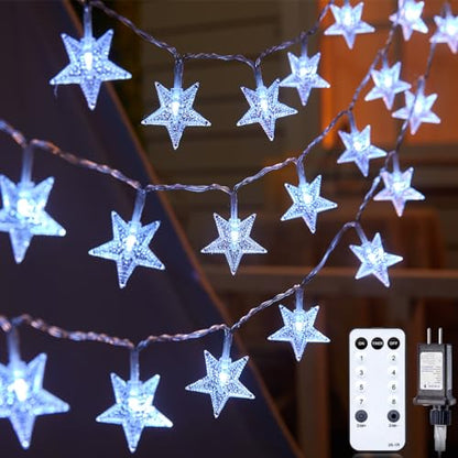 Star String Lights Plug in - 33 ft 100 LED Star Fairy String Lights with Remote and Timer, 8 Modes Waterproof for Bedroom Tent Loft Bed Window Backyard Patio Porch Balcony Staircase Party, White - color: Star - White - 33 FT