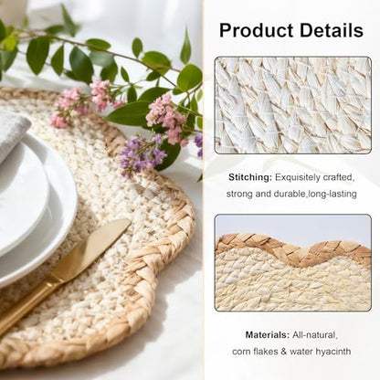 6pc Sunflower Rattan Placemat Set, Woven Boho Table Mats, Natural - color: Beige-set of 6