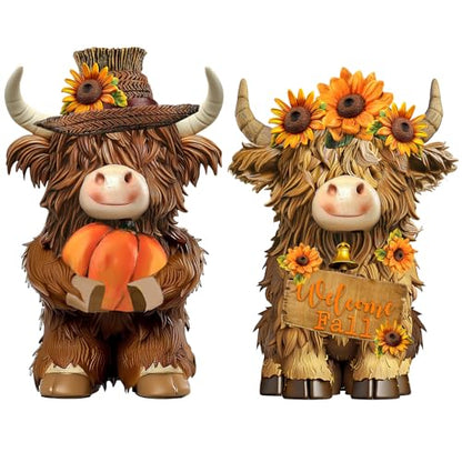 2 Pack Fall Highland Cow Figurines Decor, Resin Fall Table Decor - style: Fall