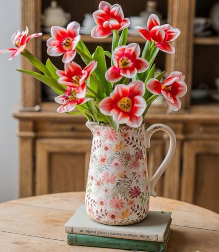 Retro Rustic Large Ceramic Vase with Handle, Distressed Farmhouse Pitcher for Home, Ideal Shelf Decor, Colorful Daisy Floral Vase for Living Room Bedroom Office Table Centerpiece Decorations 9 Inch - color: Colorful Daisy, size: Large Pitcher