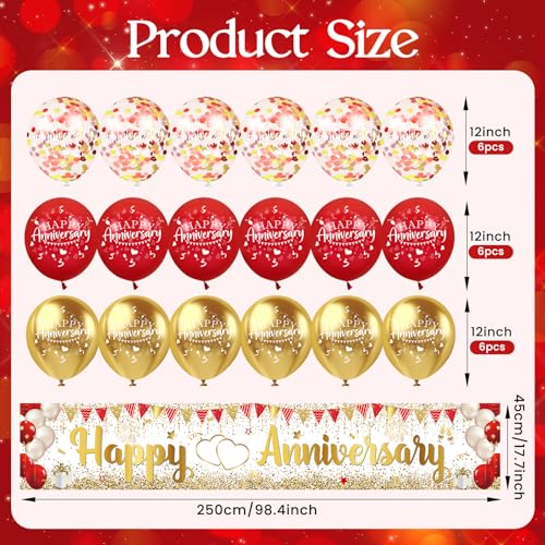 Red Gold Happy Anniversary Banner & Yard Sign with 18pcs 12" Latex Balloons for Wedding Party Supplies