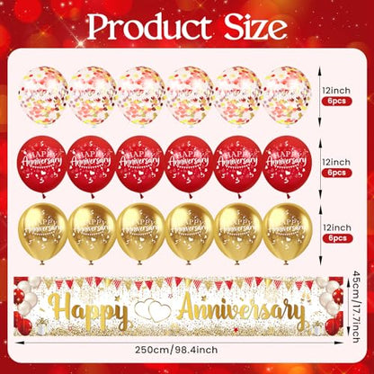 Red Gold Happy Anniversary Banner & Yard Sign with 18pcs 12" Latex Balloons for Wedding Party Supplies