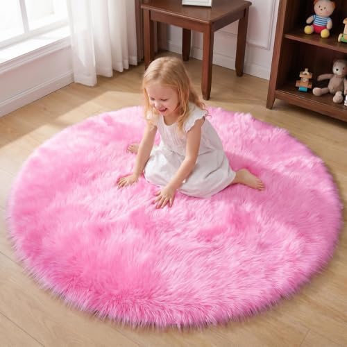 duduta Hot Pink Faux Fur Sheepskin Round Rug 4x4 ft, Fluffy Shag Circle Rug - color: Hot Pink, size: 4' x 4' (Round)