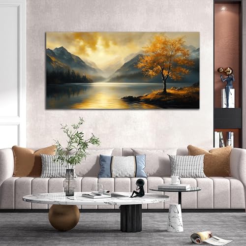 Ouzzlie Tree Wall Art for Gold Canvas Art Living Room - color: Yellow, size: 59"L x 29"W