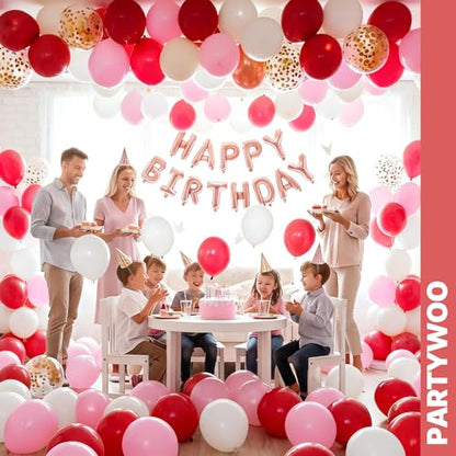 PartyWoo Pink and Red Balloons 66pcs 12 Inch Pink Red White Gold Balloons - color: Red-2863