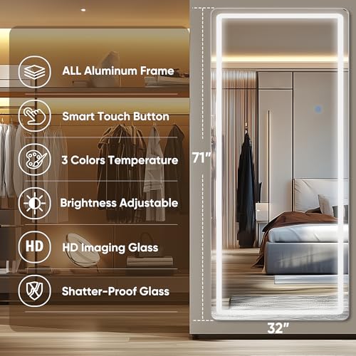 Antok 71"x32" LED Full Length Mirror, Lighted Floor Mirror, Rect - size: 71"L x 32"W, style: Rect Style