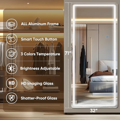 Antok 71"x32" LED Full Length Mirror, Lighted Floor Mirror, Rect - size: 71"L x 32"W, style: Rect Style