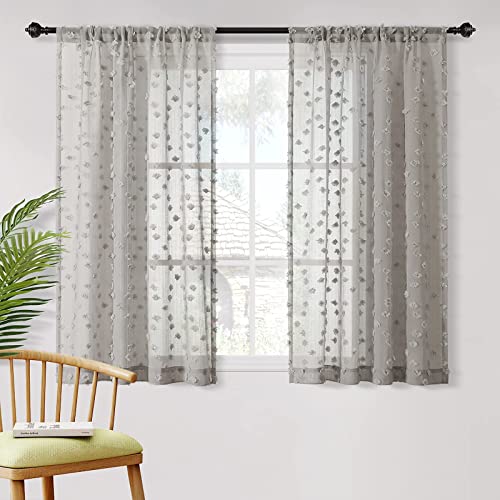 MYSKY HOME Grey Sheer Curtains with Pom Pom for Living Room 36x54,2 Panels - color: 1-grey, size: 36"W x 54"L (Pack of 2)