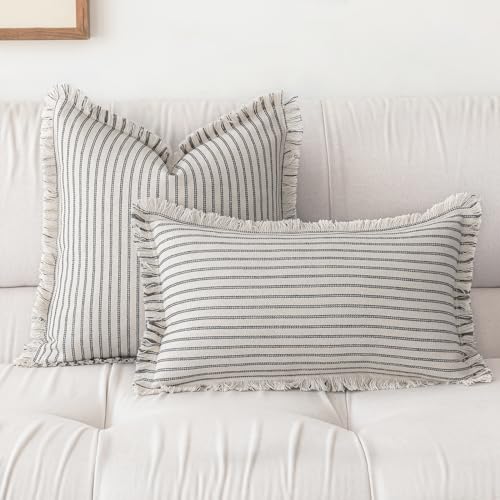 YEENAASY Throw Pillow Covers 18x18 Boho Striped Pillow Cases with Tassel - color: Grey, size: 18" x 18" (Pack of 2)