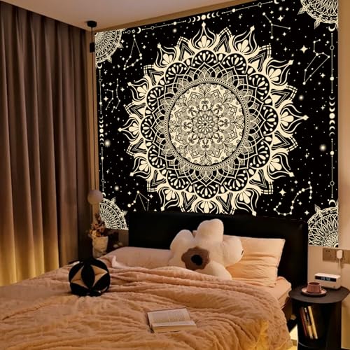 Apdidl Boho Mandala Tapestry for Bedroom, Black Hippie Ceiling Tapestries - color: Black Gold Mandala Tapestry, size: 60"L x 51"W