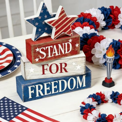4th of July Table Decorations Patriotic Memorial Day Tiered Tray Decor Wooden Stars Block Signs Independence Farmhouse 250th July Fouth Centerpiece for Tables Wooden Sign for Home Decor - style: July 4th Stars