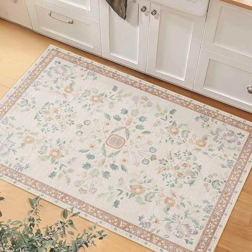 MUJOO Small Rug Washable 2x3 Area Rugs Non Slip Ultra-Thin Floral - color: Beige, size: 2' x 3' (Rectangular)