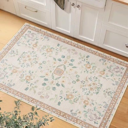 MUJOO Small Rug Washable 2x3 Area Rugs Non Slip Ultra-Thin Floral - color: Beige, size: 2' x 3' (Rectangular)