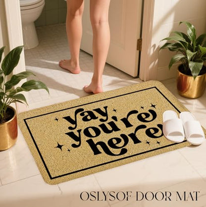 Funny Welcome Door Mat, Yay You're Here Doormat for Front Door Indoor Outdoor Porch Entrance Entryway, Funny Welcome Mat Outside, 17x30 Inches