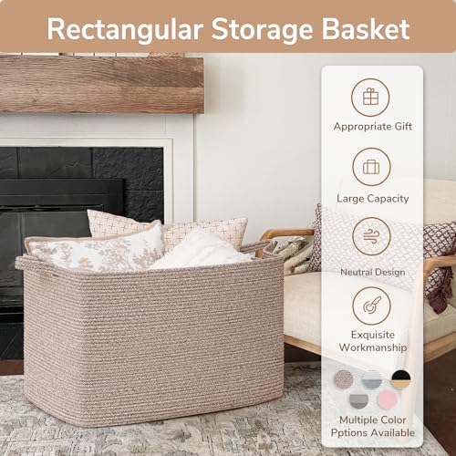Goodpick 105L Extra Large Woven Rope Blanket Basket, Rectangle, Brown - color: Brown, size: XX-Large(25"L x 16"W x 16"H)