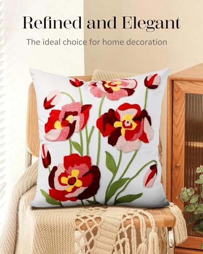 Embroidered Throw Pillow Cover, 18x18 Inch, Red Roses - color: Rose Flowers, size: 18" x 18" (Pack of 1)