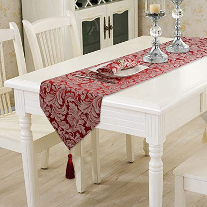 EHouseHome Jacquard Damask Reversible Burgundy Table Runners with Tassels 13 x 72 inch Wrinkle and Water Resistant Spill-Proof Decorative Dining and Wedding Runners - color: Burgundy With Tassels